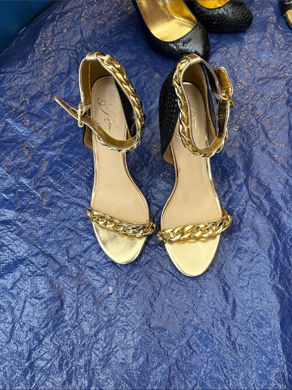 Fergie Gold Chain-Detail Ankle Strap Heels